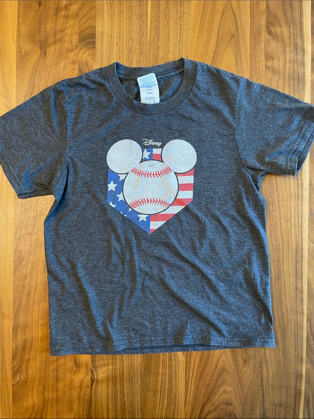 Disney Charcoal Gray Mickey Heart Baseball Graphic Tee with Red, White & Blue